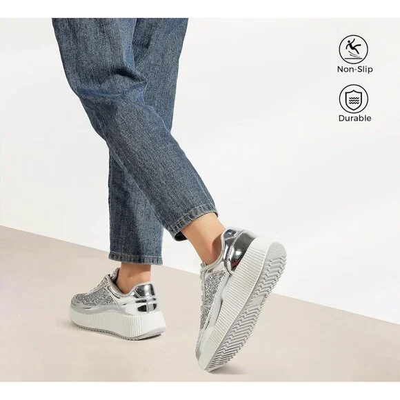 Lucky Step Women's Silver Platform Sneakers Rhinestone Fashion Chunky Shoes - Picture 6 of 9